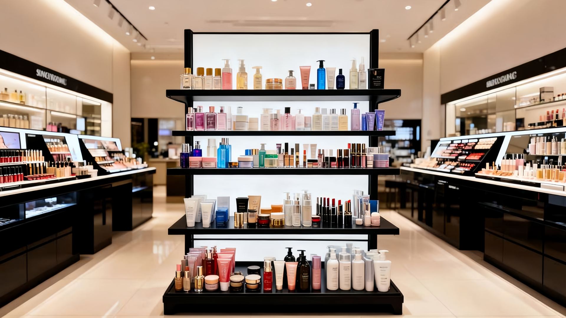 Beauty store aisle with backlit display shelving