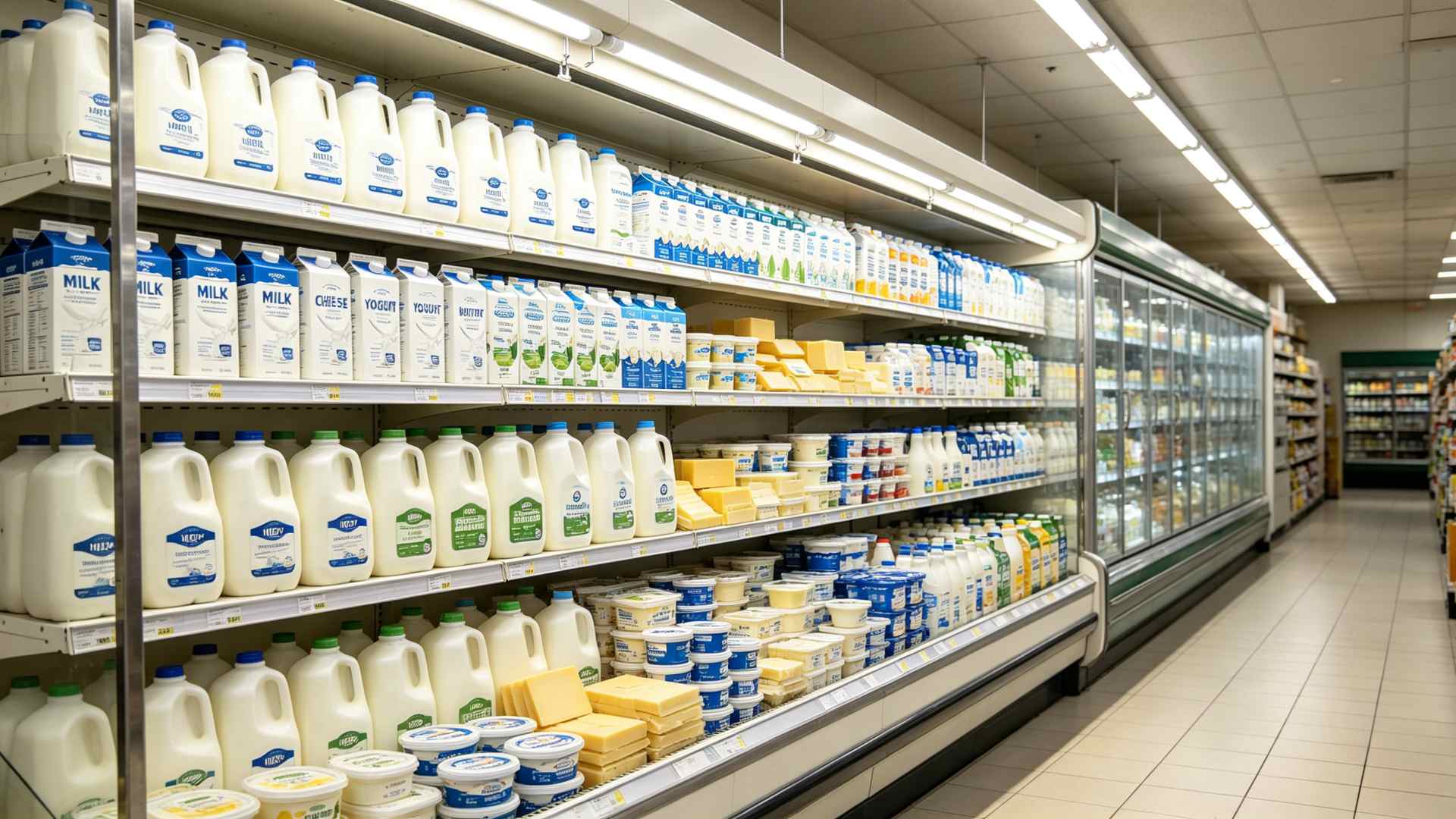 Supermarket aisle lit with TITATEC under-shelf lighting