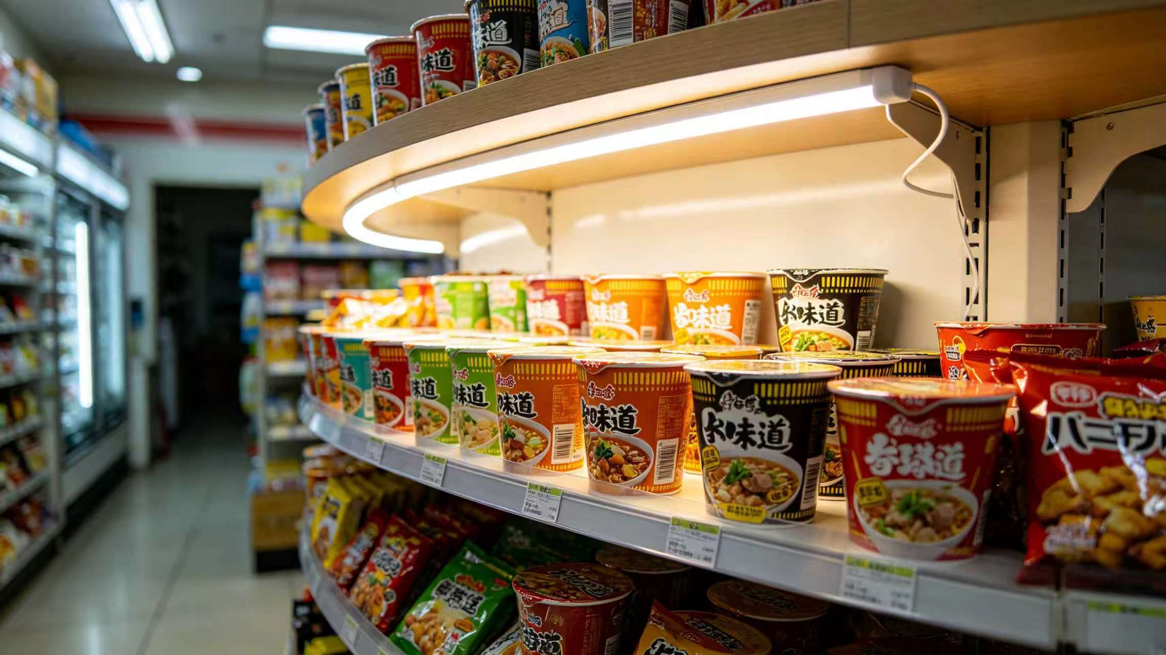 Grocery gondola with even under-shelf LED lighting