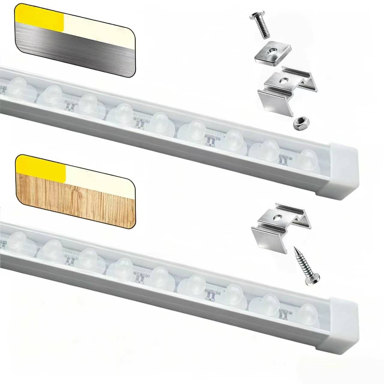 Convenience store shelves with bright under-shelf LED lighting