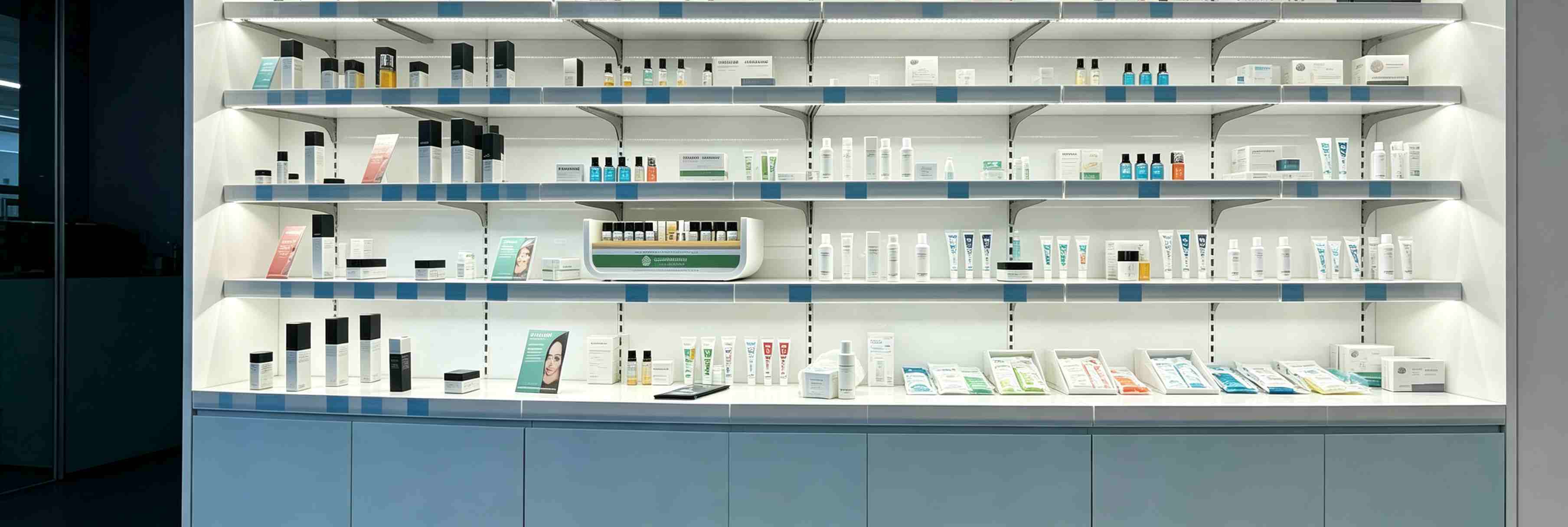 Pharmacy retail aisle with even under-shelf LED lighting
