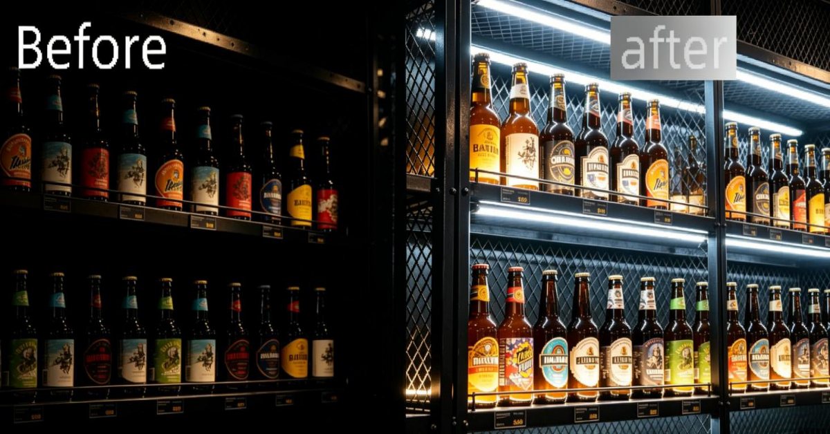 Grocery gondola with even under-shelf LED lighting