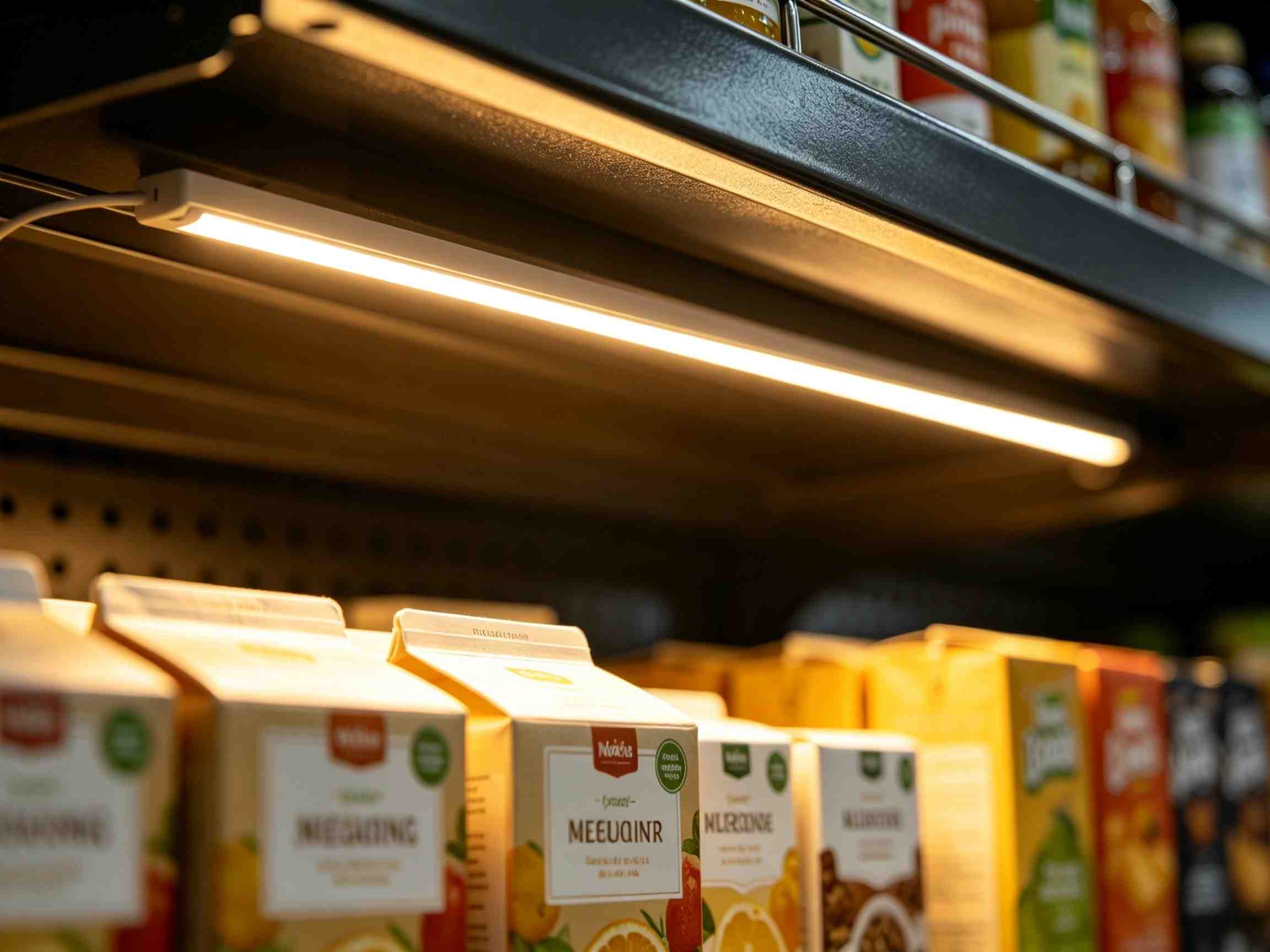 TITATEC under-shelf LED lighting kit mounted beneath a retail shelf